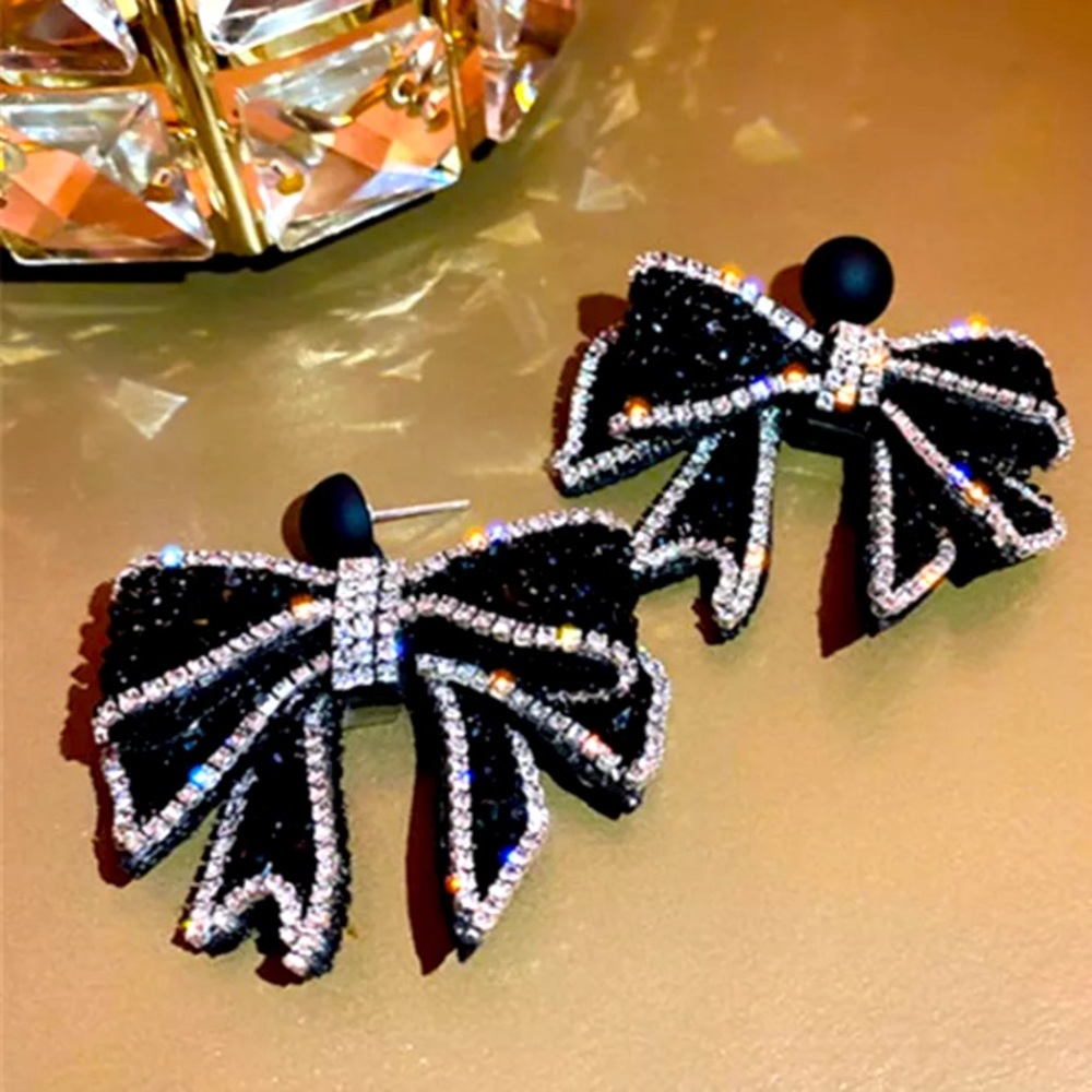 Glamorous Black and Silver Bow Earrings
